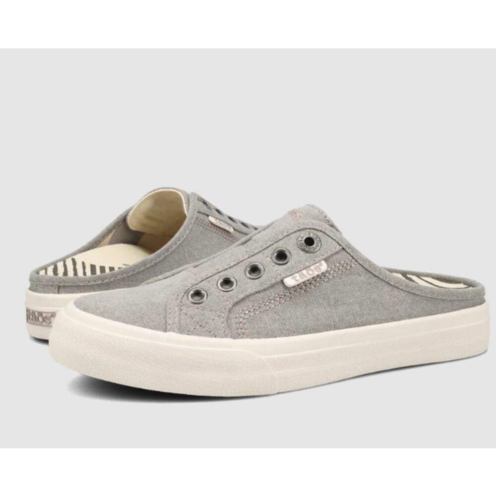Taos EZ Soul Sneaker Mules Womens 7 Gray Washed Canvas Slip On Comfort Flexible